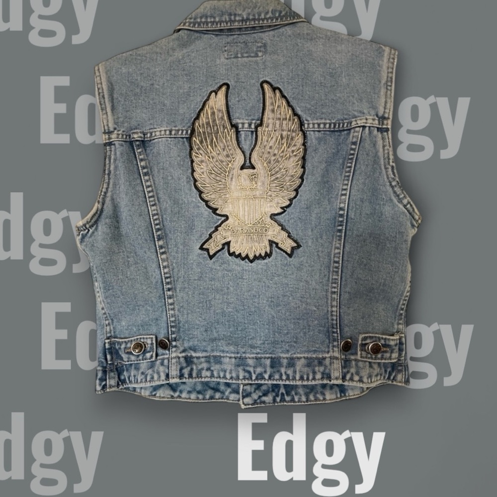 Vtg. Parasuco Denim Vest ~ Eagle Embroidery Light Wash Denim   size Large - Picture 7 of 11